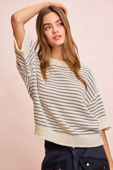 Trendsi BiBi Stripes Short Sleeves Rib Banded Outseam Knit Top -