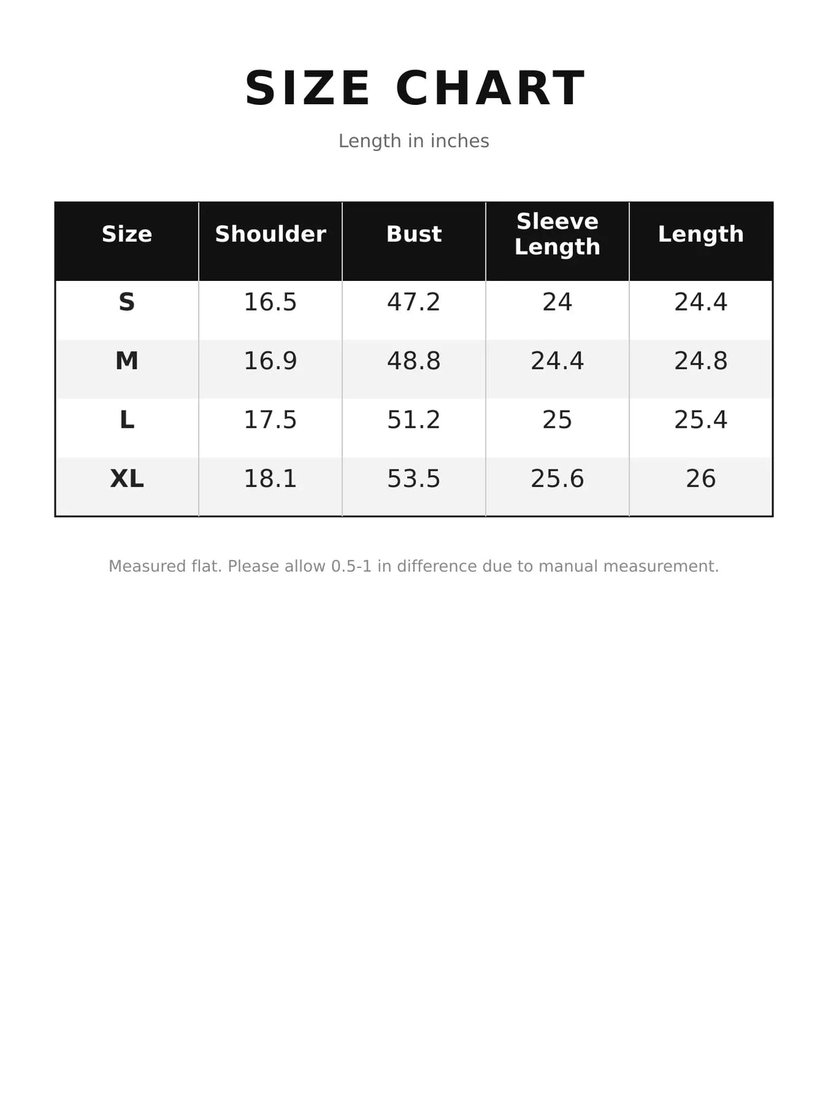 Collared long sleeve jacket, size and measurement chart
