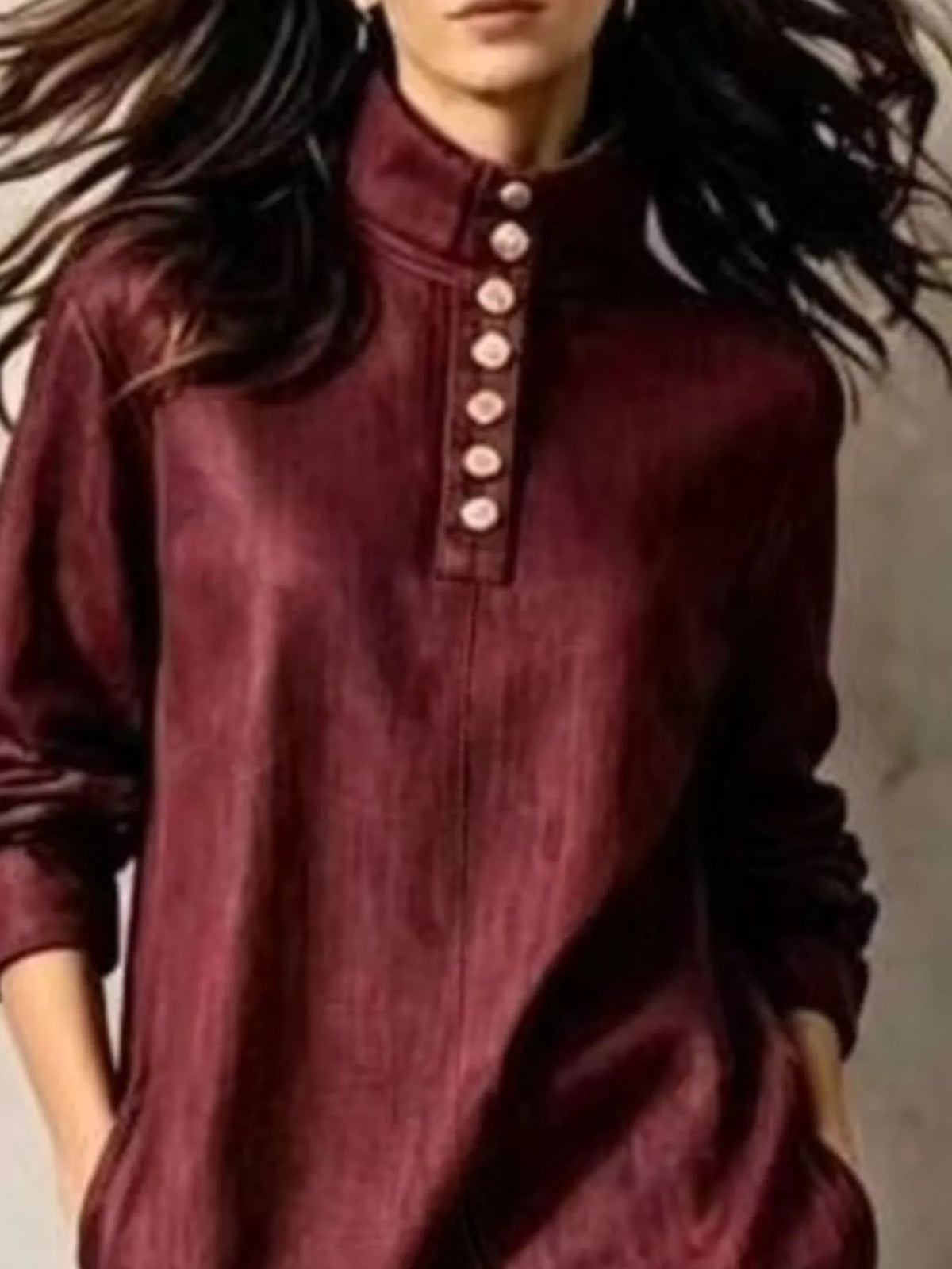 Mandarin neck long sleeve midi dress, construction and design details