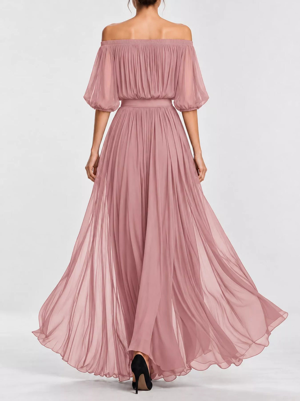 Pink off shoulder ruched chiffon maxi dress, back view