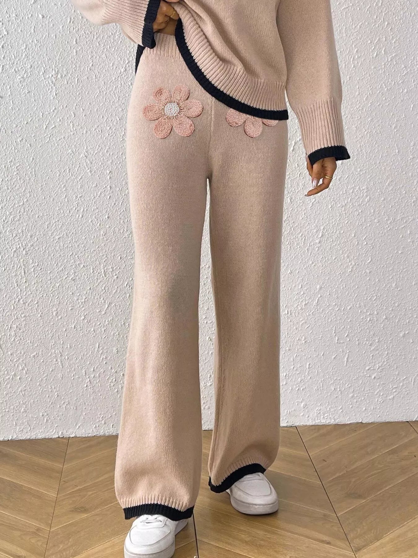 Trendsi Floral Applique High-Waisted Wide-Leg Sweater Pants -
