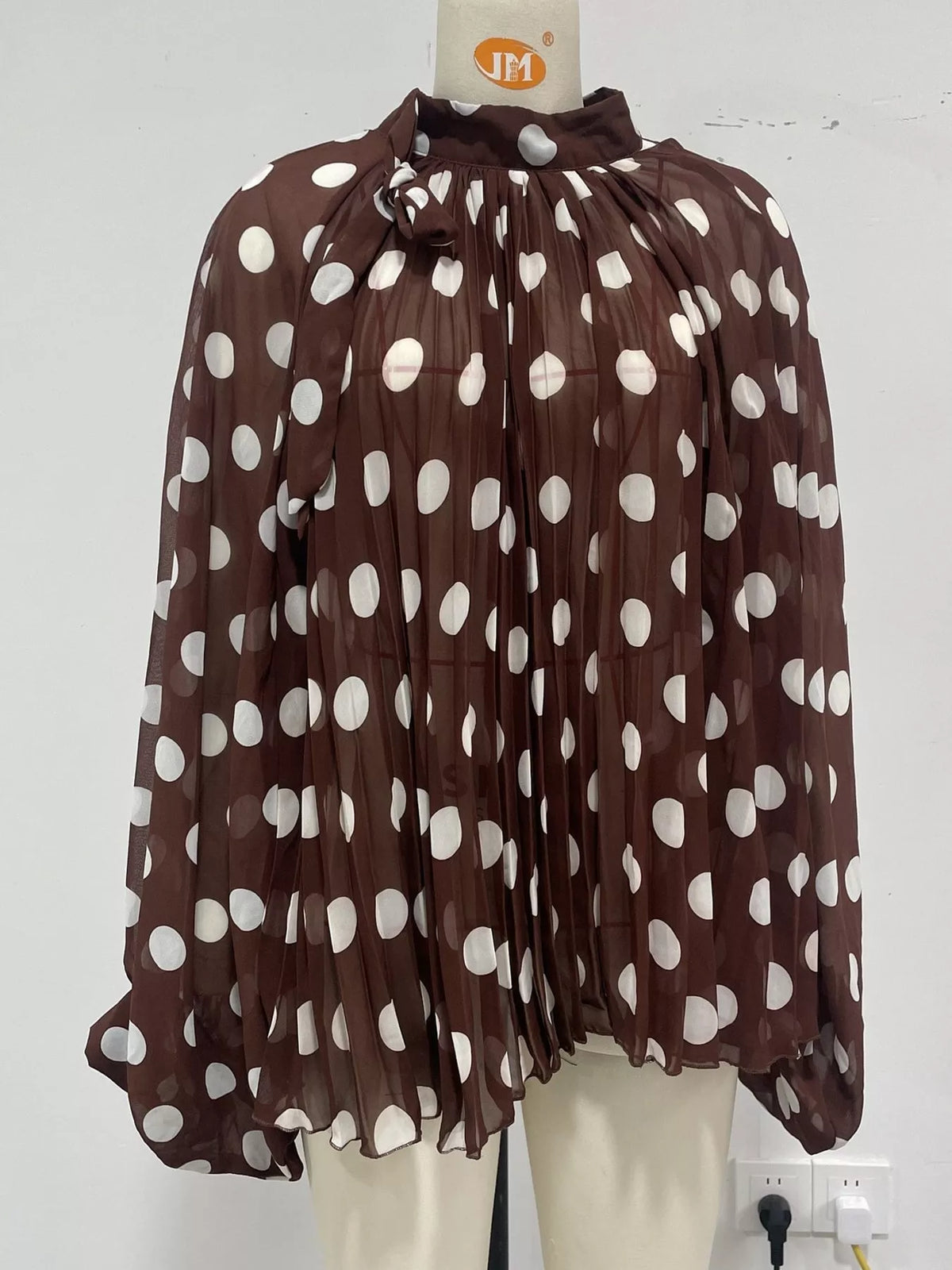 Coffee polka dot long sleeve blouse, back view