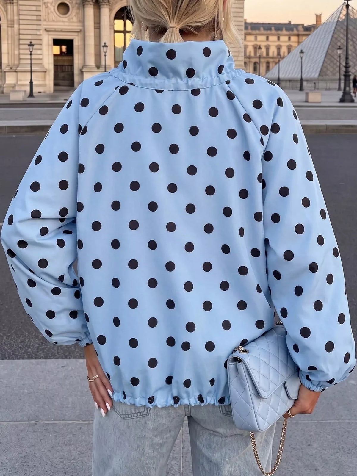 Polka Dot Drawstring Zip-Up Jacket — back view