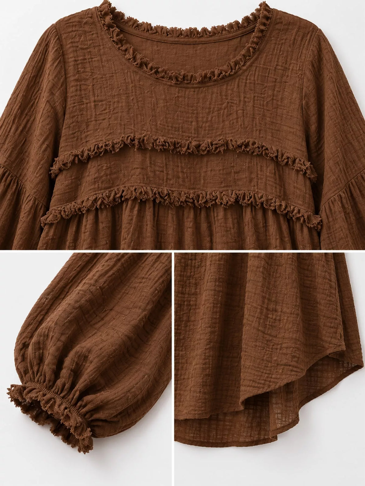 Brown textured frayed-trim peplum blouse, trim cuff and hem details