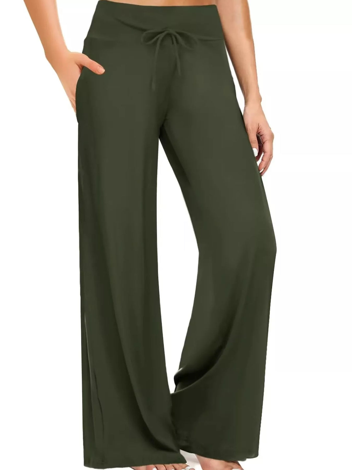 Wide-leg lounge pants, olive front