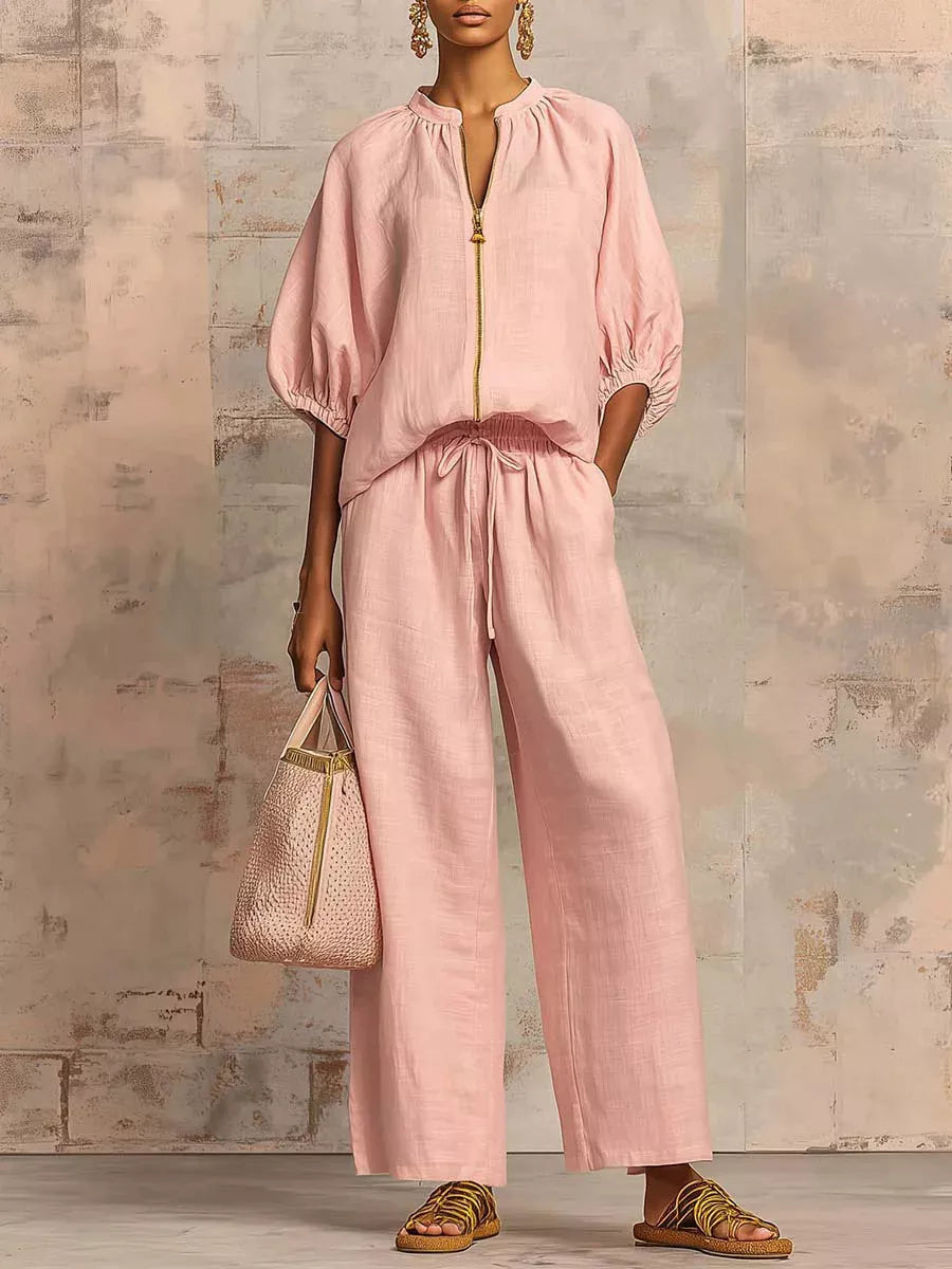 Zip-front top and wide-leg pants set