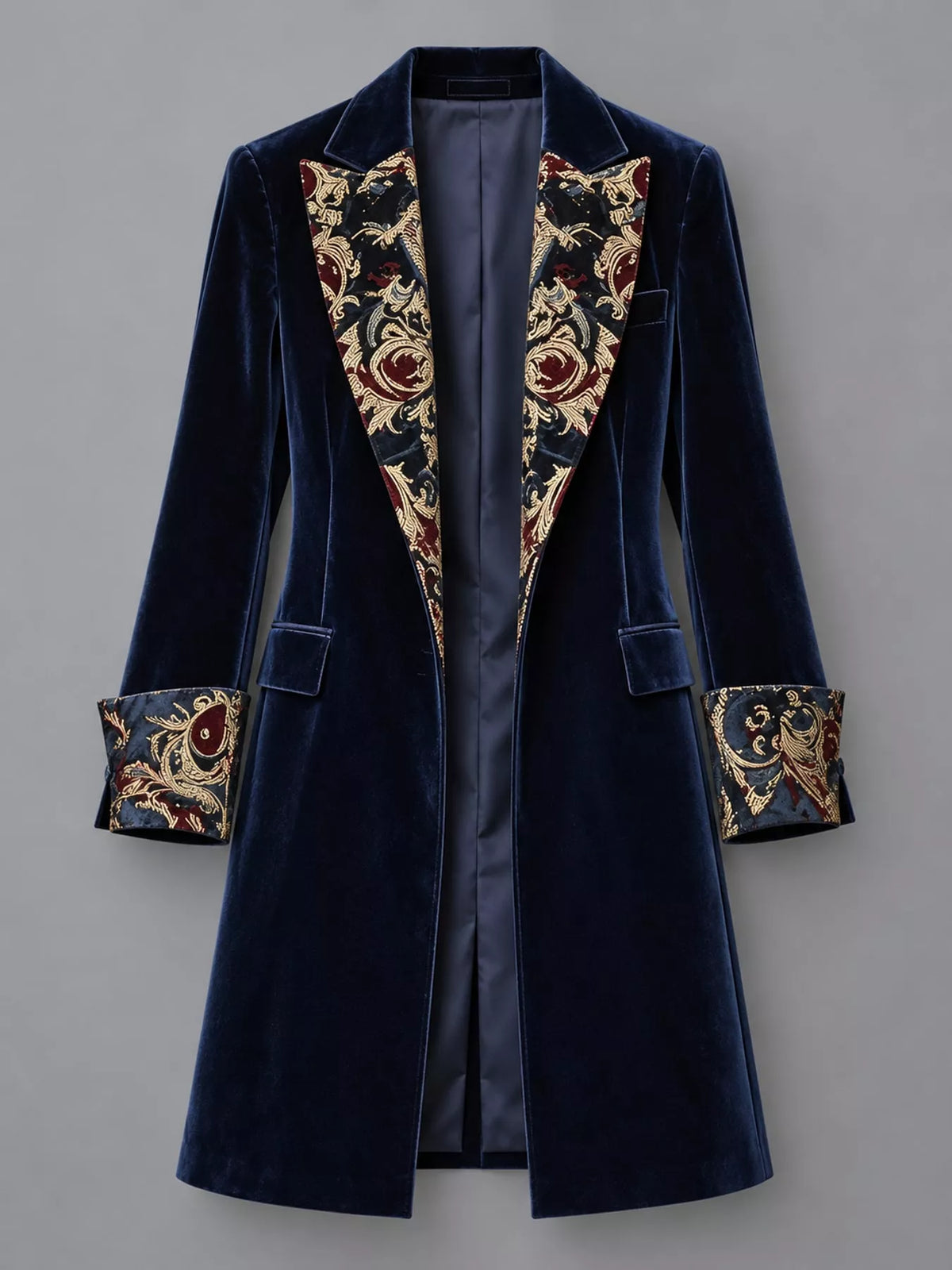 Blue (with Lining) floral lapels and cuffs velvet blazer