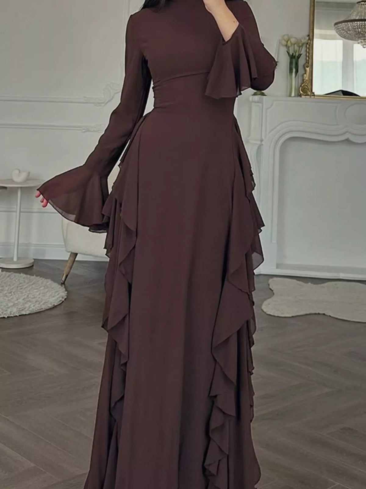 Mock neck long sleeve maxi dress, front view on model