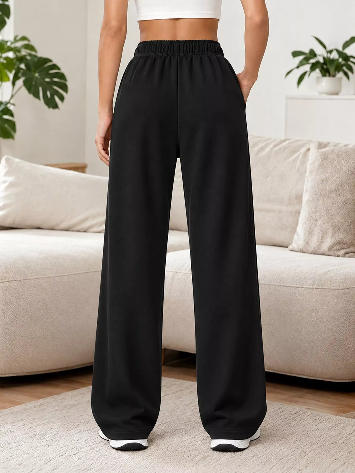 Black wide-leg pants with drawstring