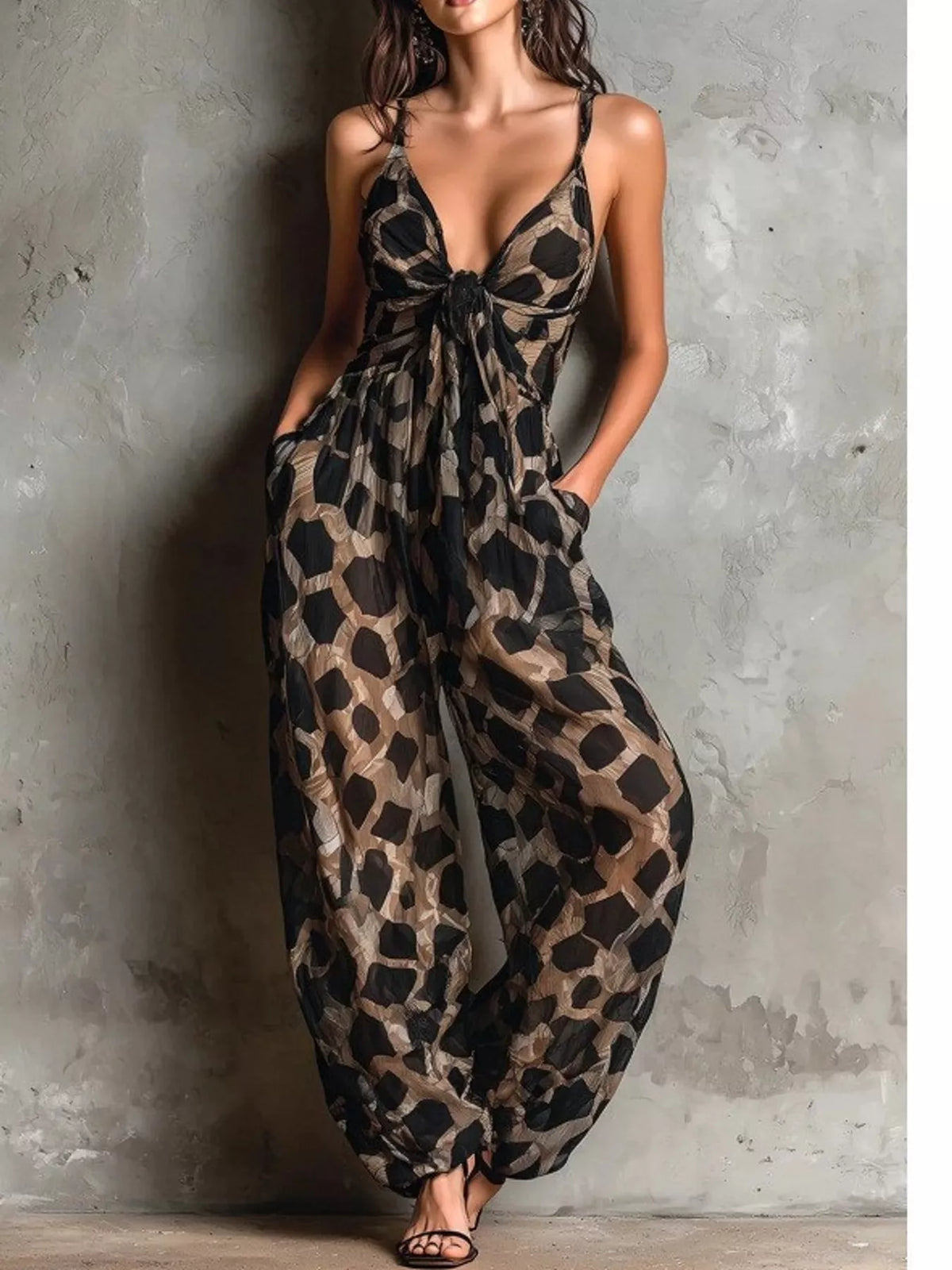 Tie-Knot Detail Geometric Print Wide-Leg Jumpsuit — front view