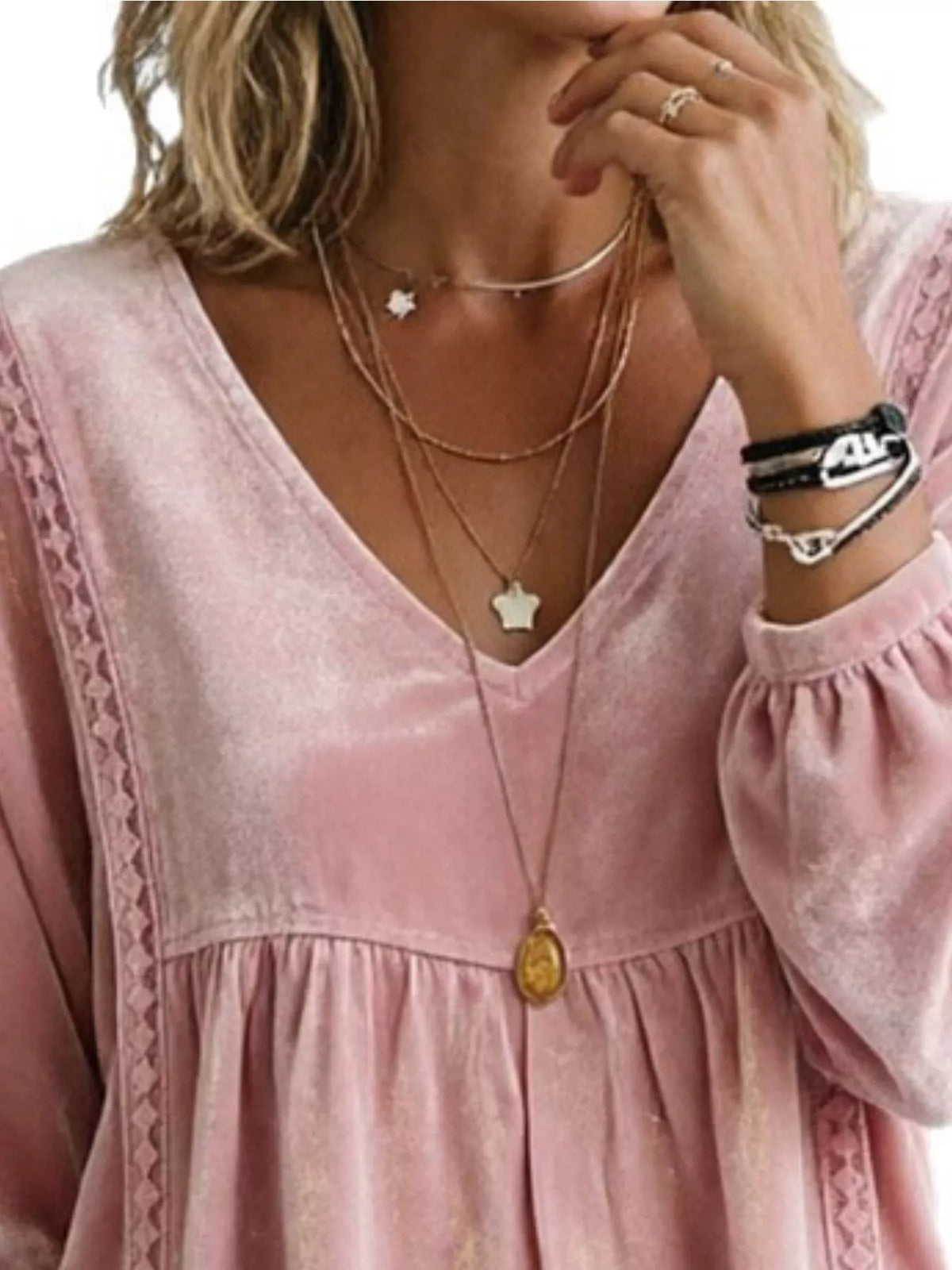 Women's V-Neck Long-Sleeve Velvet Blouse with Lace Trim — alternate view 7
