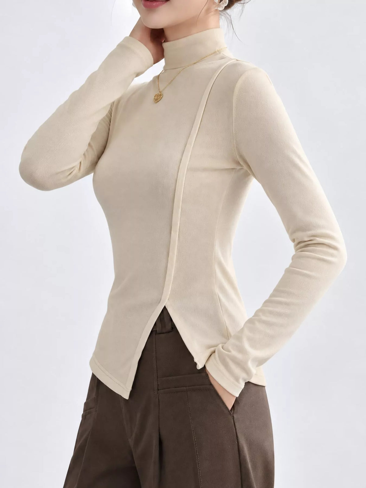 Beige Apricot mock neck long sleeve t-shirt