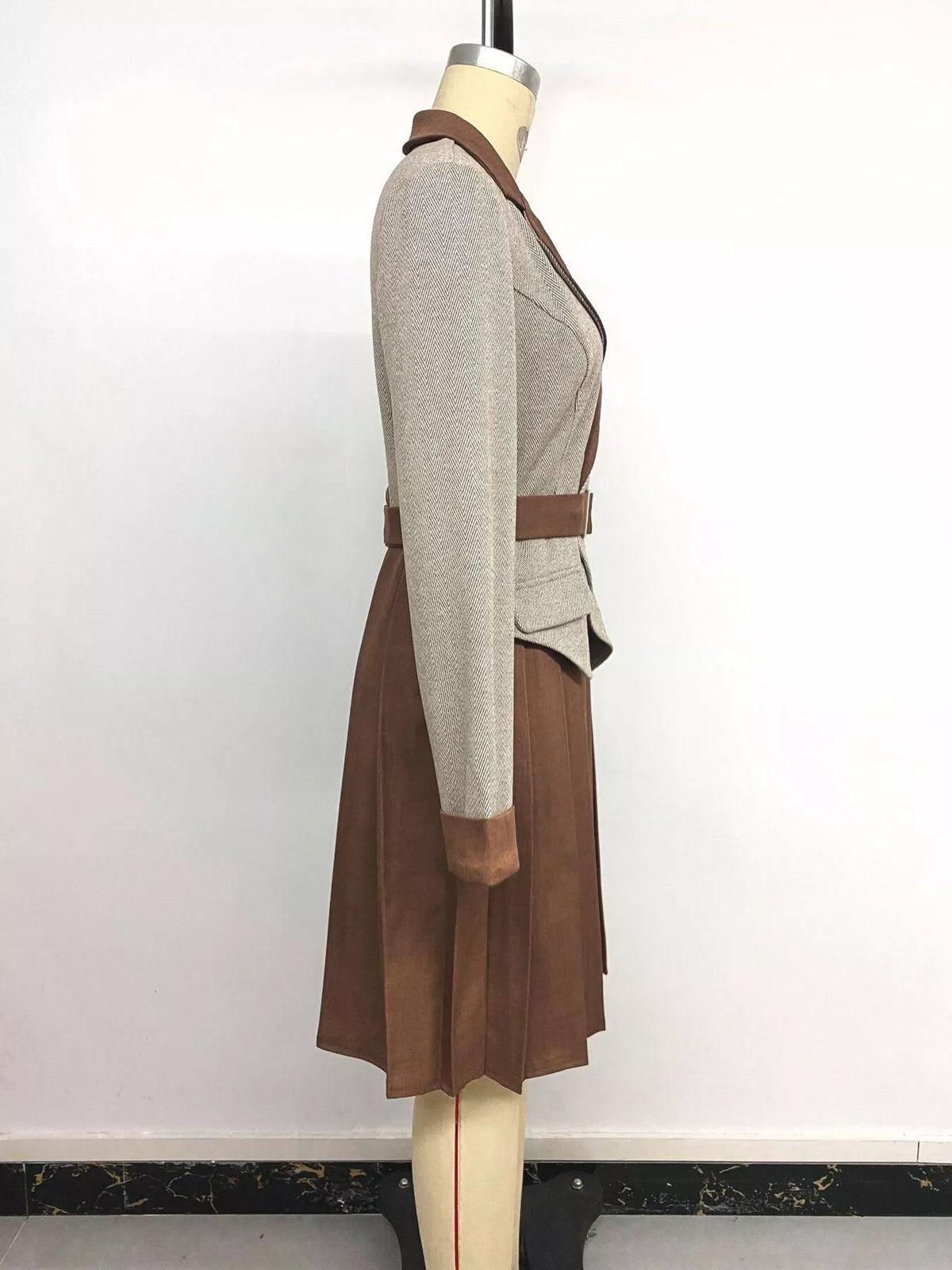 Belted blazer-style pleated dress