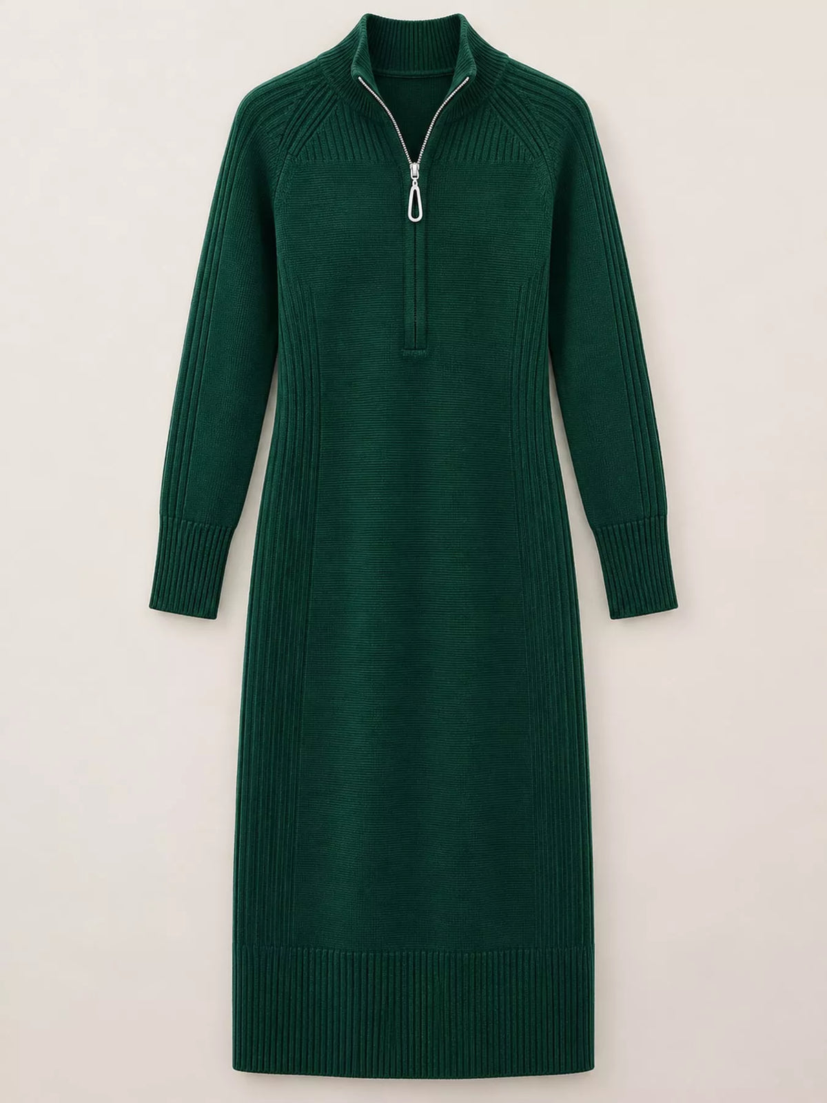 Green half-zip ribbed knit sweater dress — front view