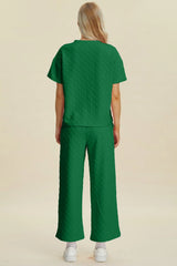 Trendsi Double Take Full Size Texture Round Neck Short Sleeve Top and Pants Set -