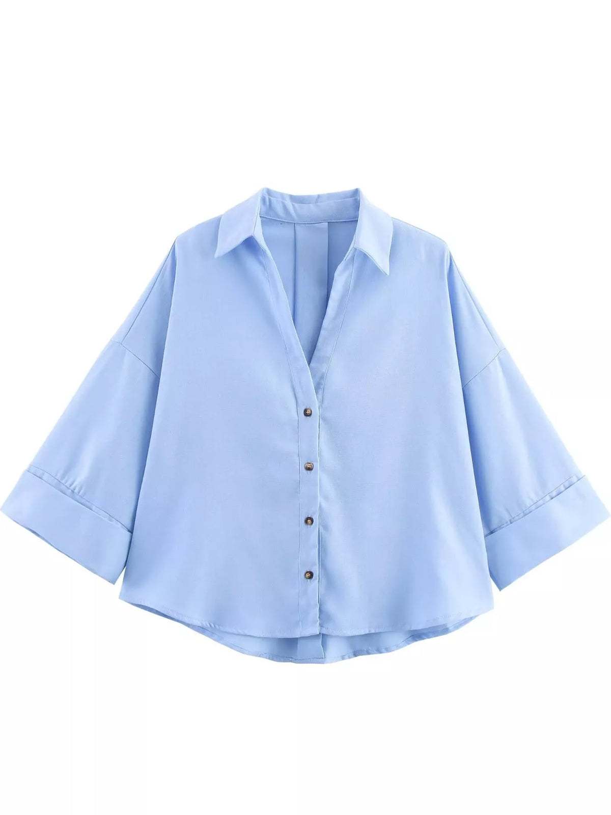 Blue button-up three-quarter sleeve shirt