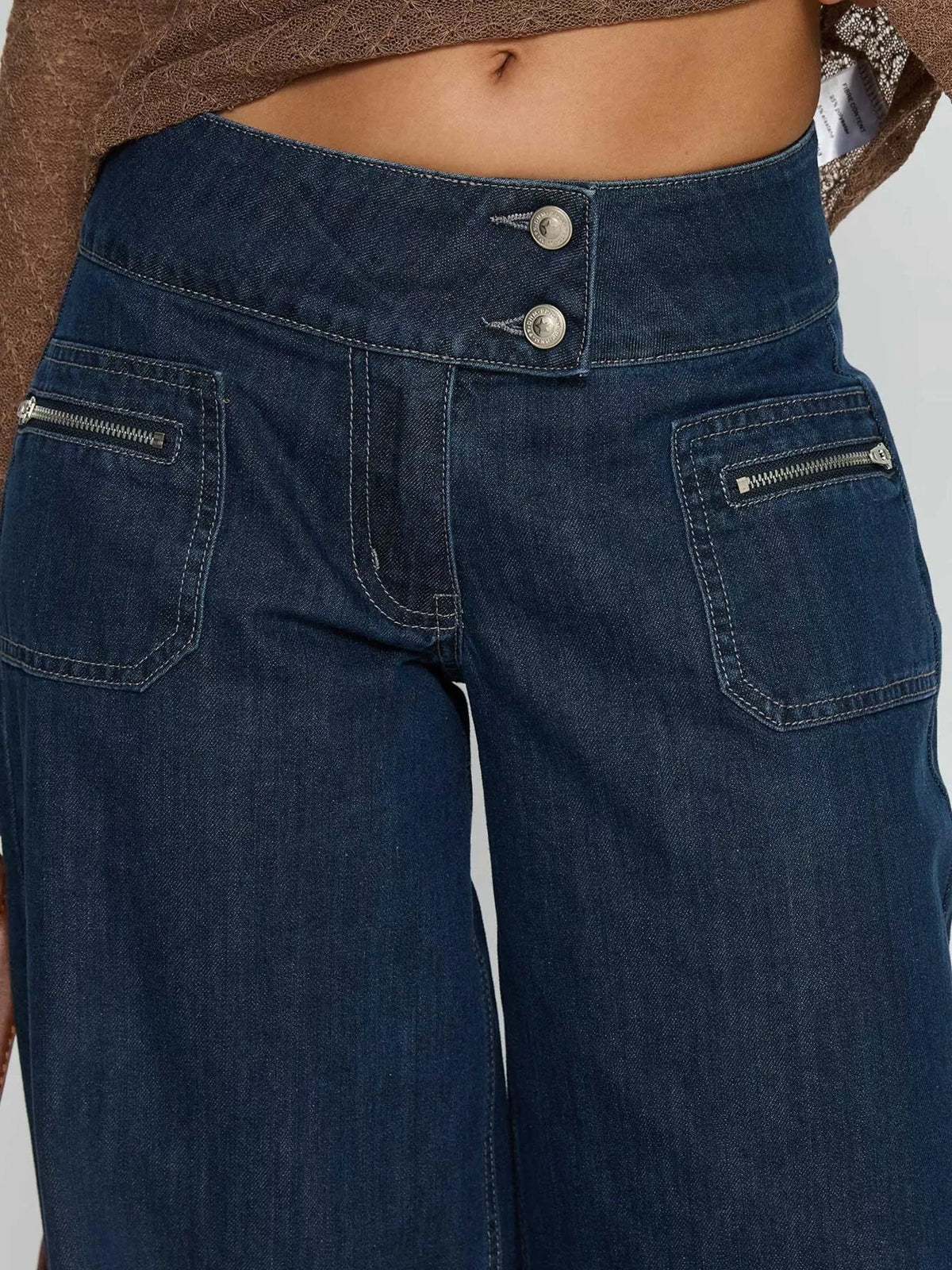 High-Waisted Wide-Leg Jeans with Zip Pockets, waist and pocket detail