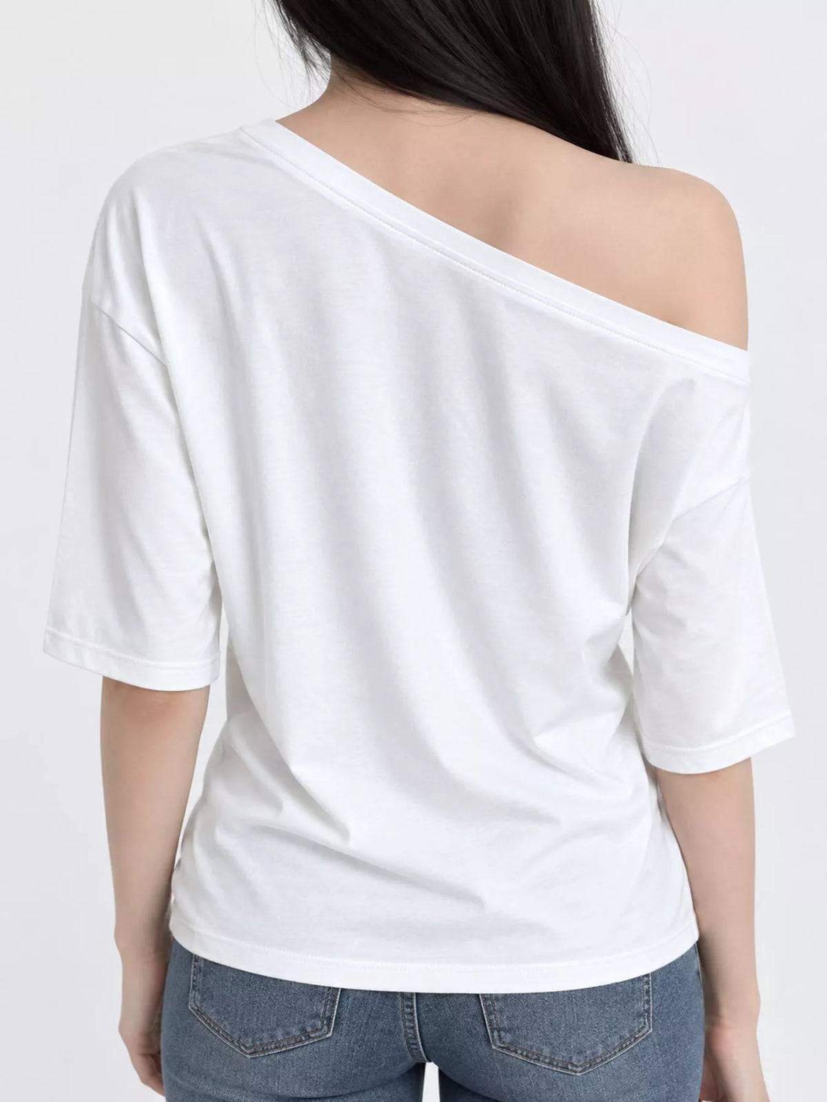 White asymmetric-neck T-shirt, back view