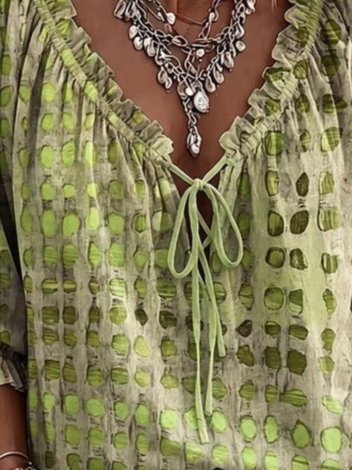 Sage Tie Neck 3/4 Sleeve Blouse detail view