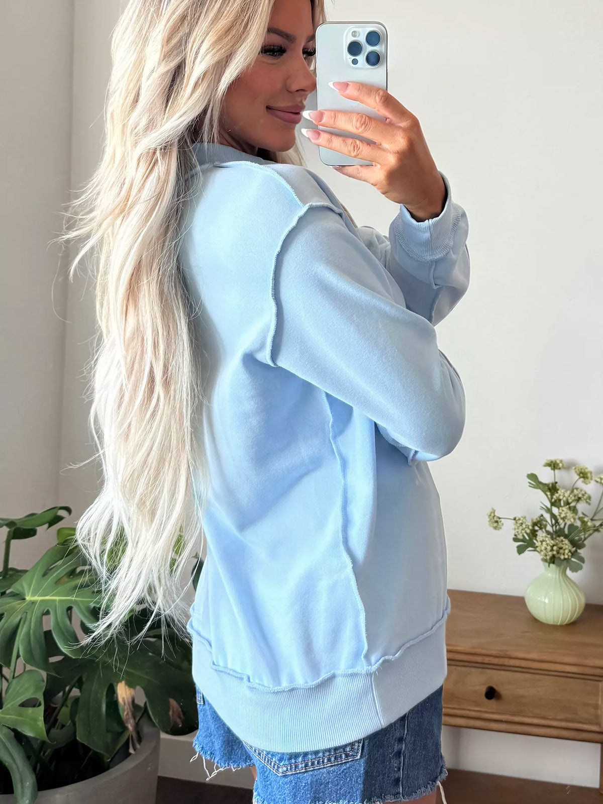 Light blue jesus saves stand neck oversized sweatshirt — side view