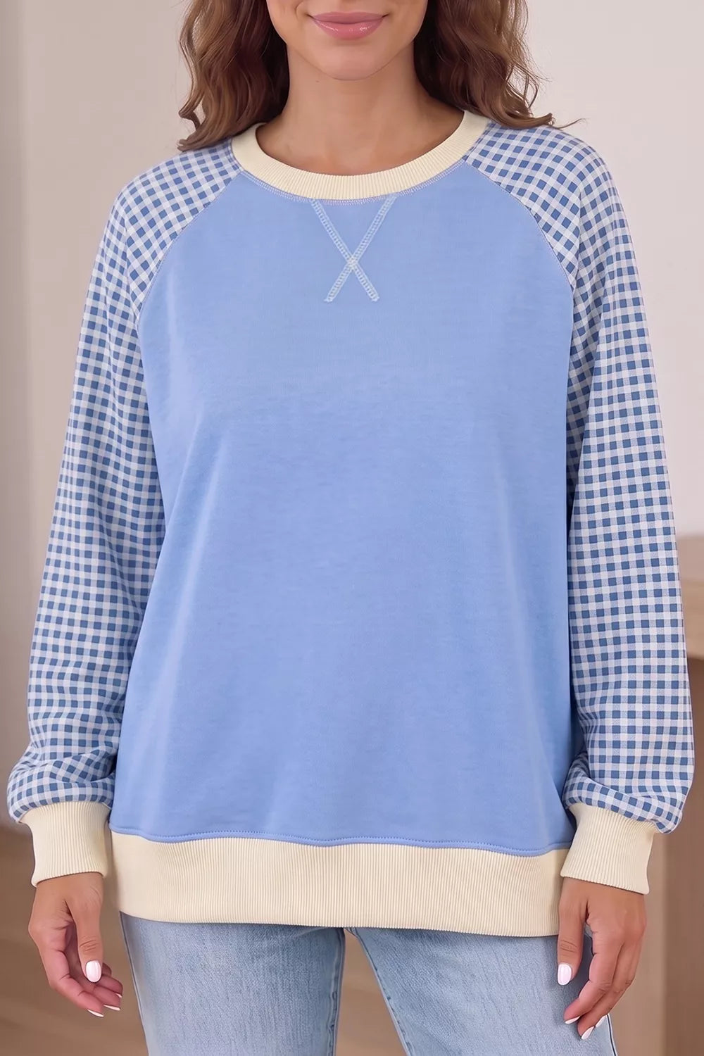 Trendsi Plaid Raglan Sleeve Round Neck Sweatshirt -