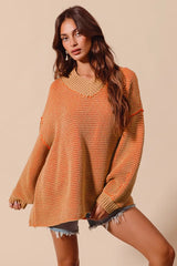 Trendsi SO ME Oversized Two Tone Textured V Neck Sweater -