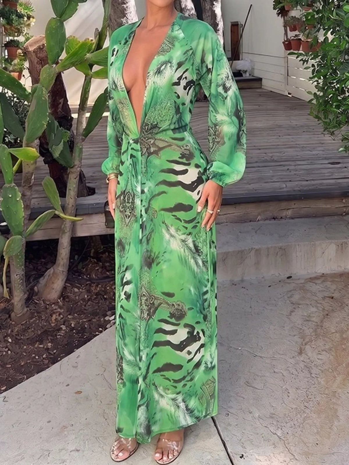 Printed maxi dress, green front