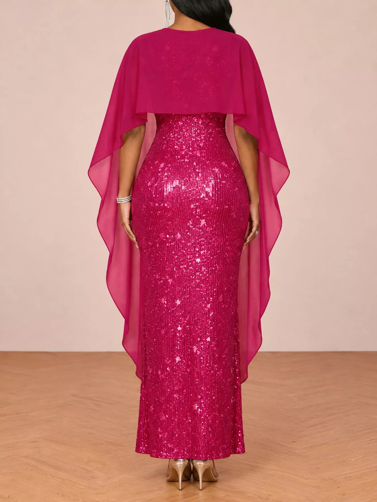 Women's Sequin Cape Overlay Evening Dress in fuchsia — back view
