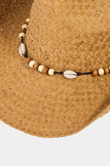 Trendsi Fame Beaded Cowrie Shell Straw Weave Western Cowboy Hat -