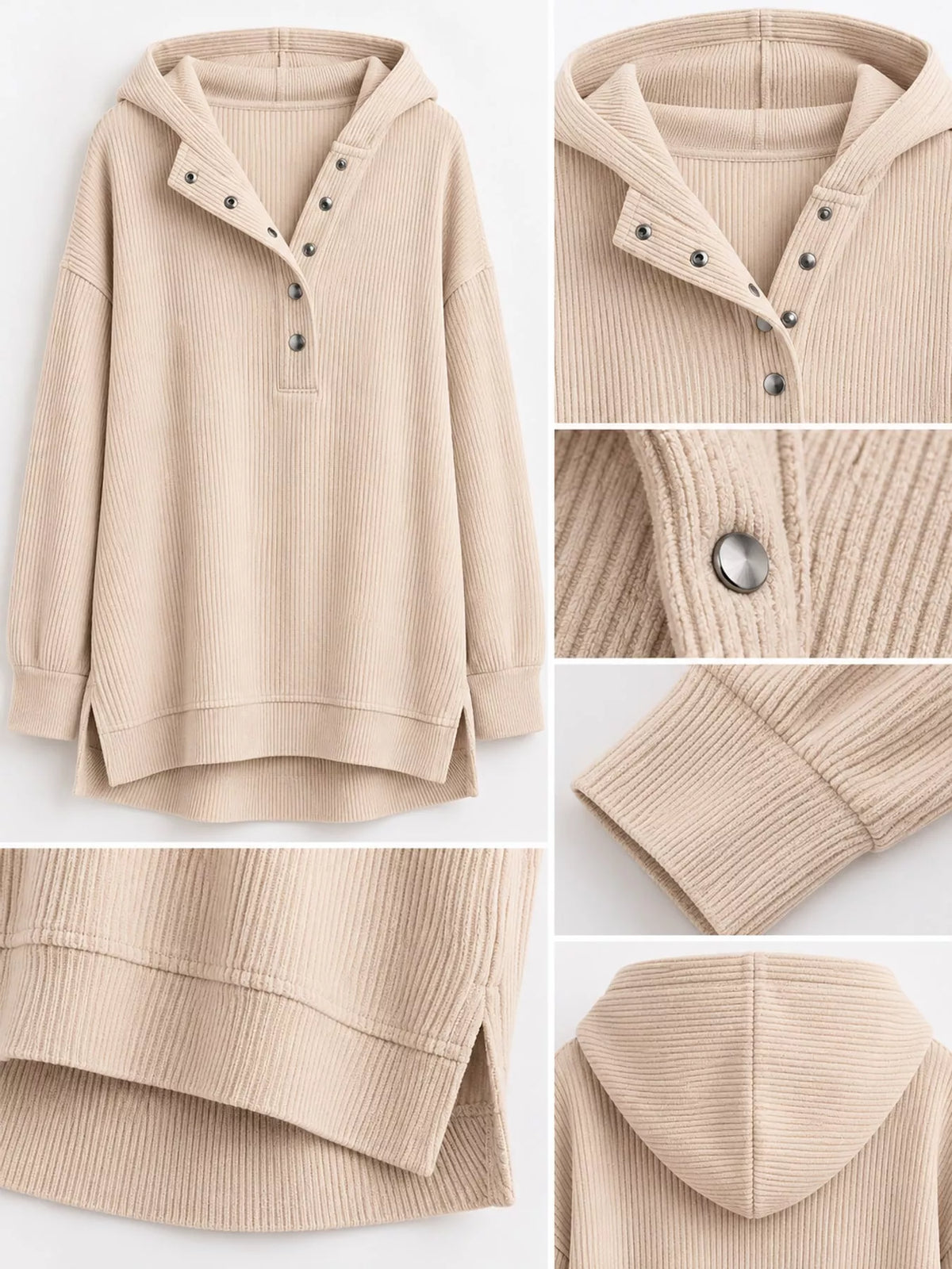 Women's Snap Button Placket Dropped Shoulder Hoodie in cream — detail collage view