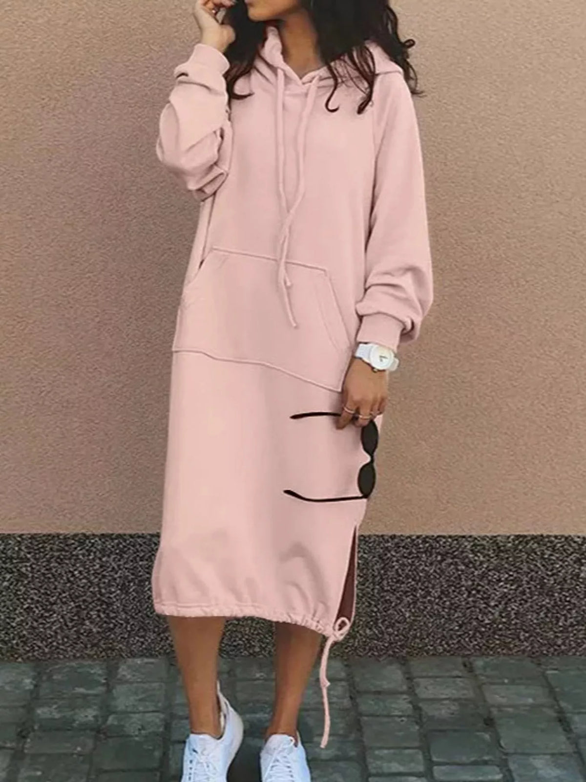 Pink hooded sweatshirt midi dress with drawstring hem, front view