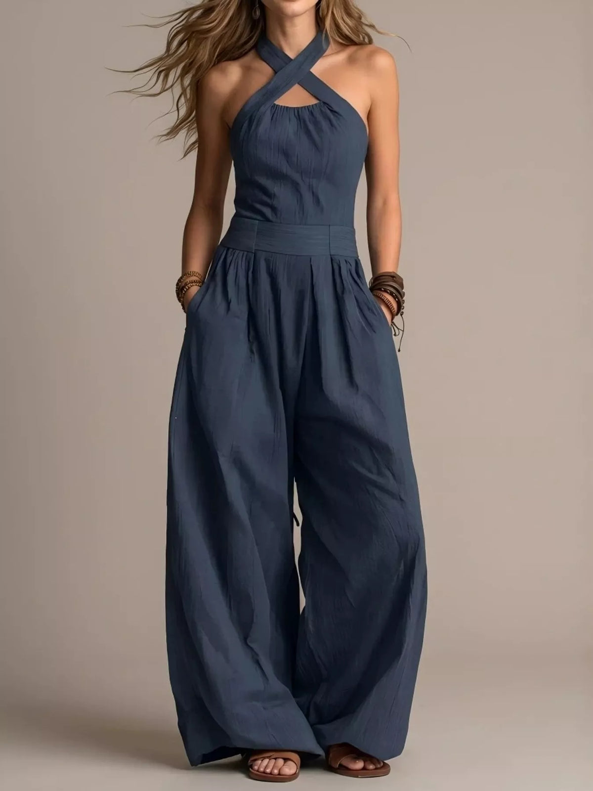 Wide-leg jumpsuit, navy front