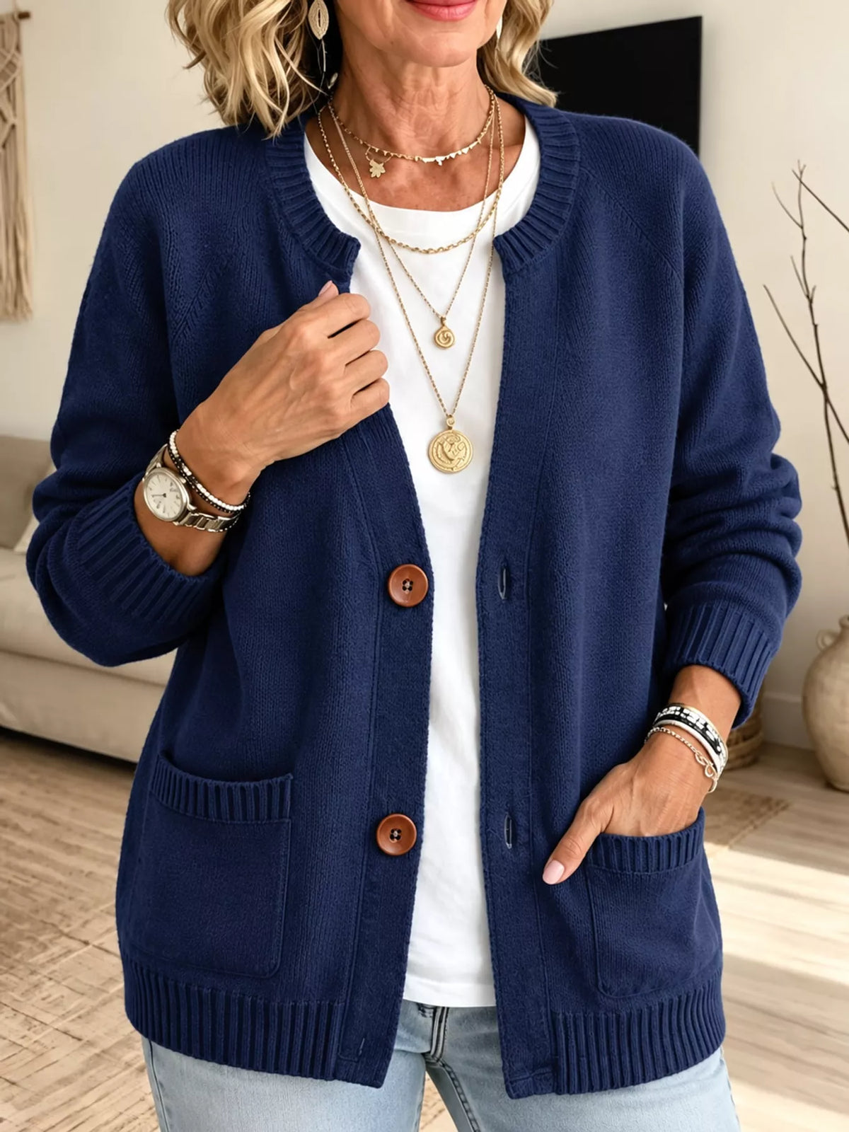 Women's Button-Down Knit Cardigan in navy — front view