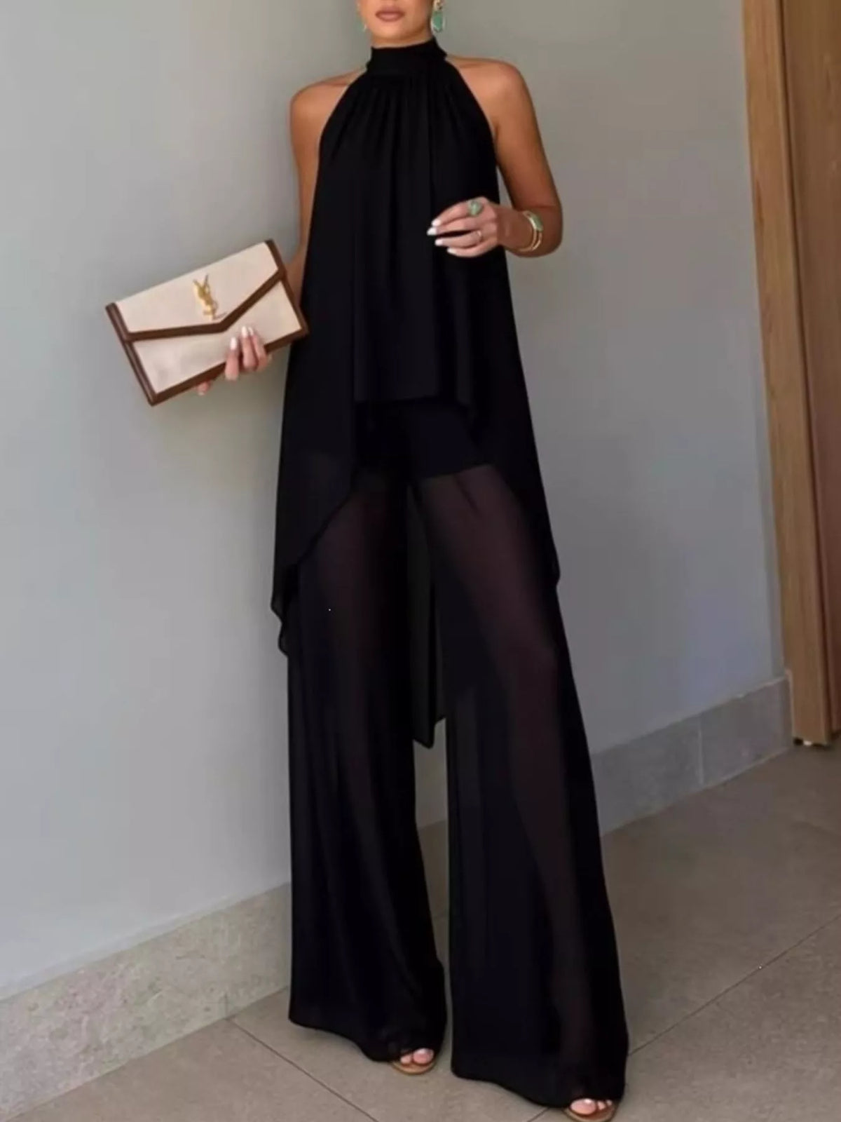 Black High-Low Sleeveless Top & Wide-Leg Pants Set front view