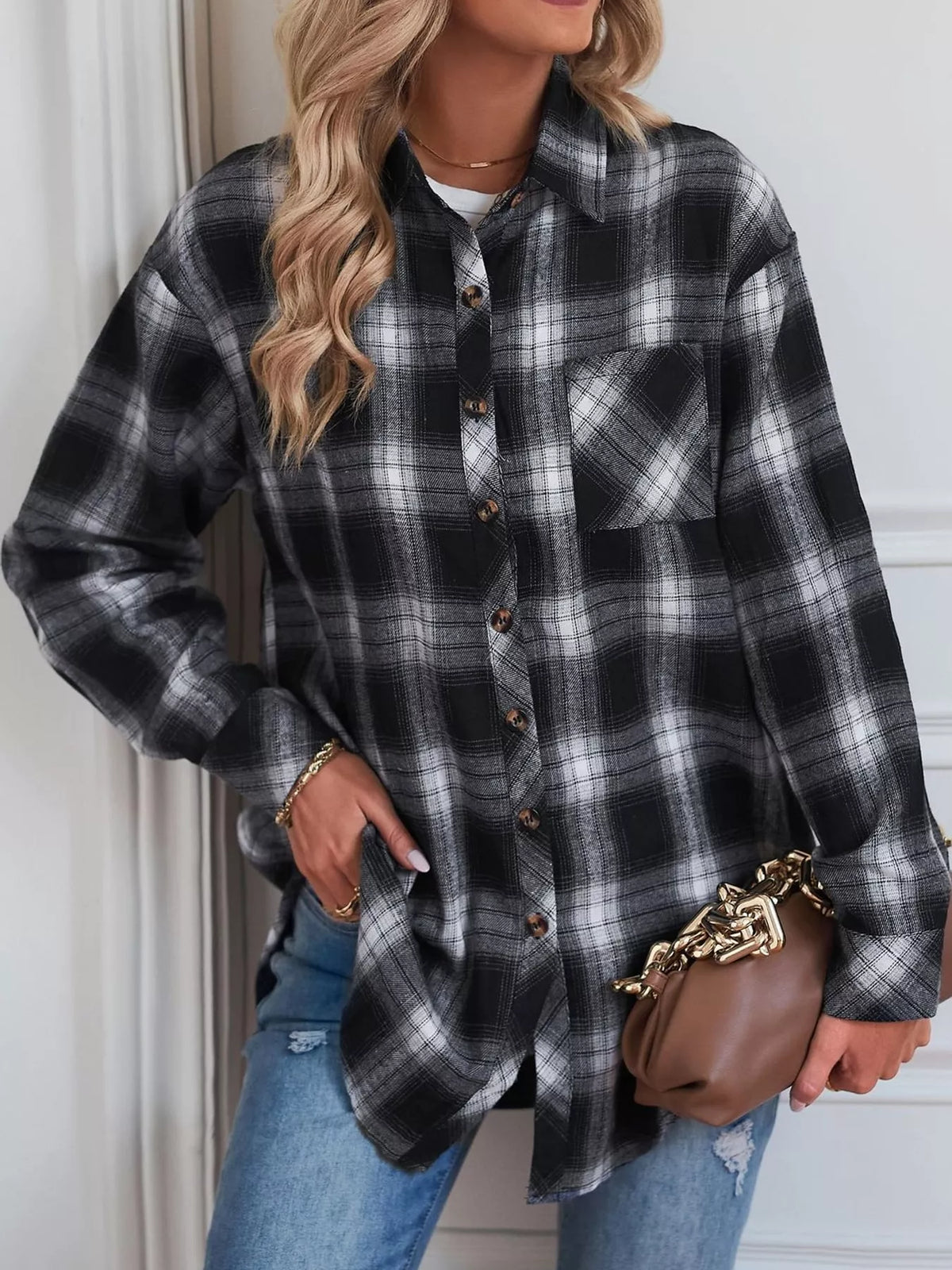 Oversized plaid shirt, black plaid chest pocket front