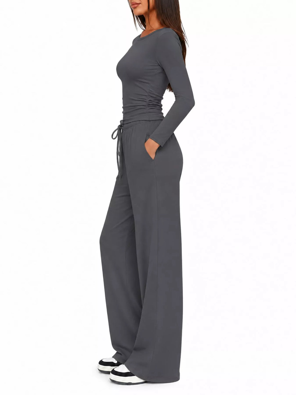 Long Sleeve Top and Wide-Leg Drawstring Pants Set — side view