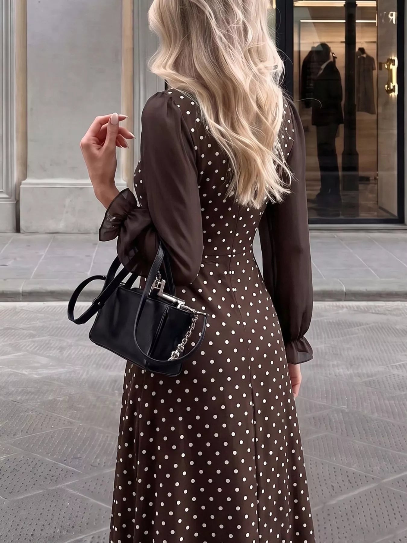Trendsi Polka Dot Square Neck Long Sleeve Maxi Dress -