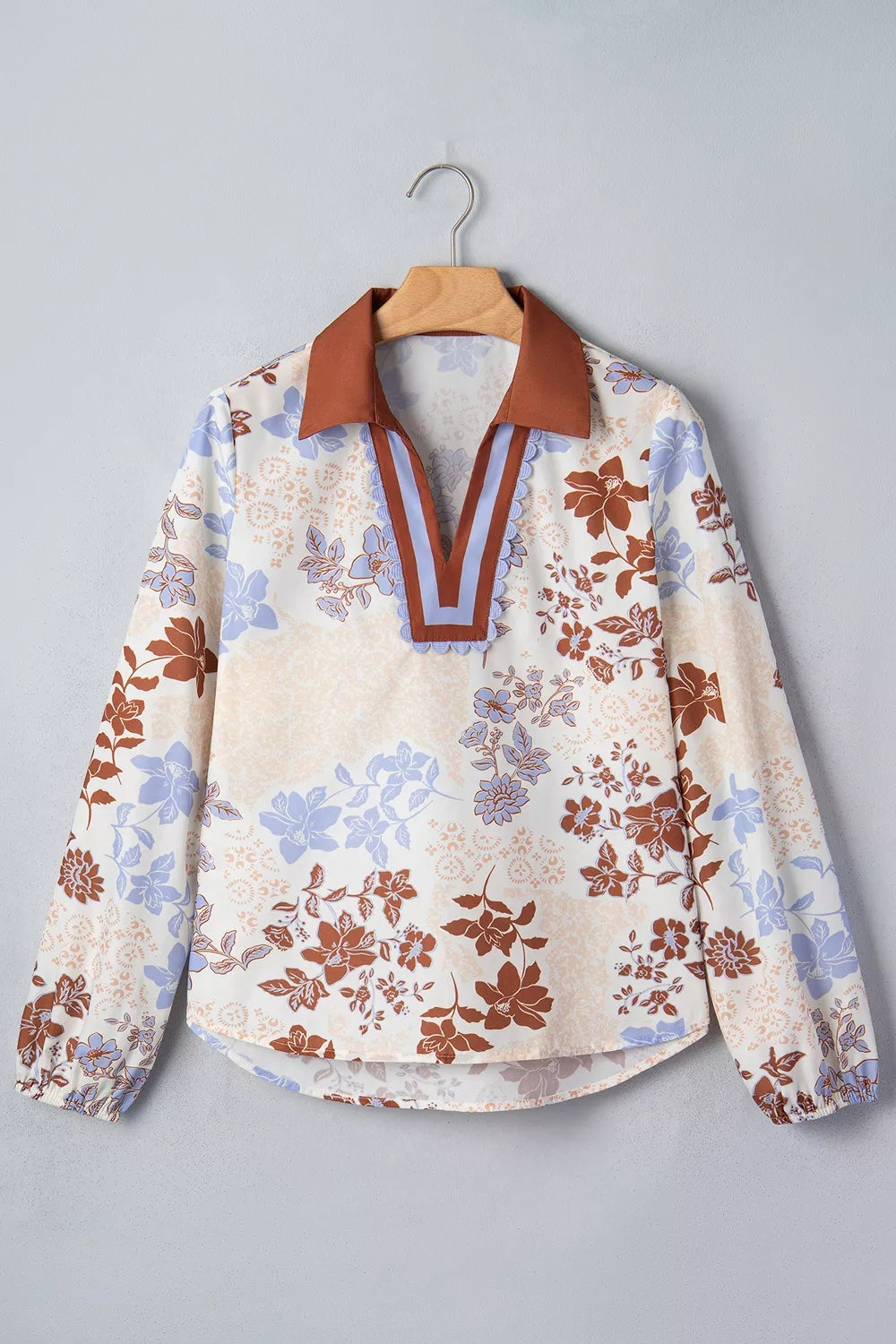 Trendsi Floral Print Colorblock V Neck Long Sleeve Blouse -