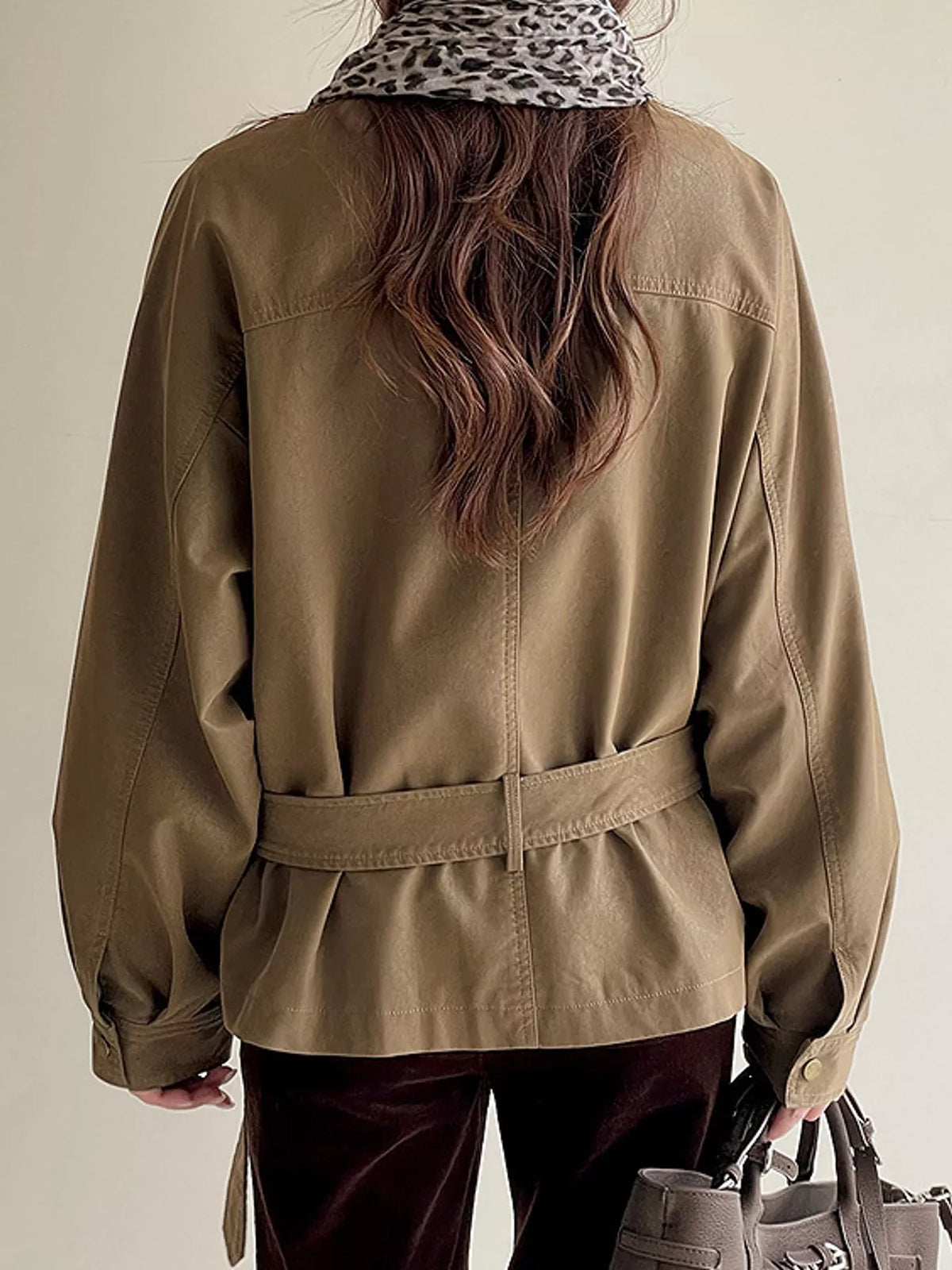 Khaki Color snap down long sleeve jacket, back view