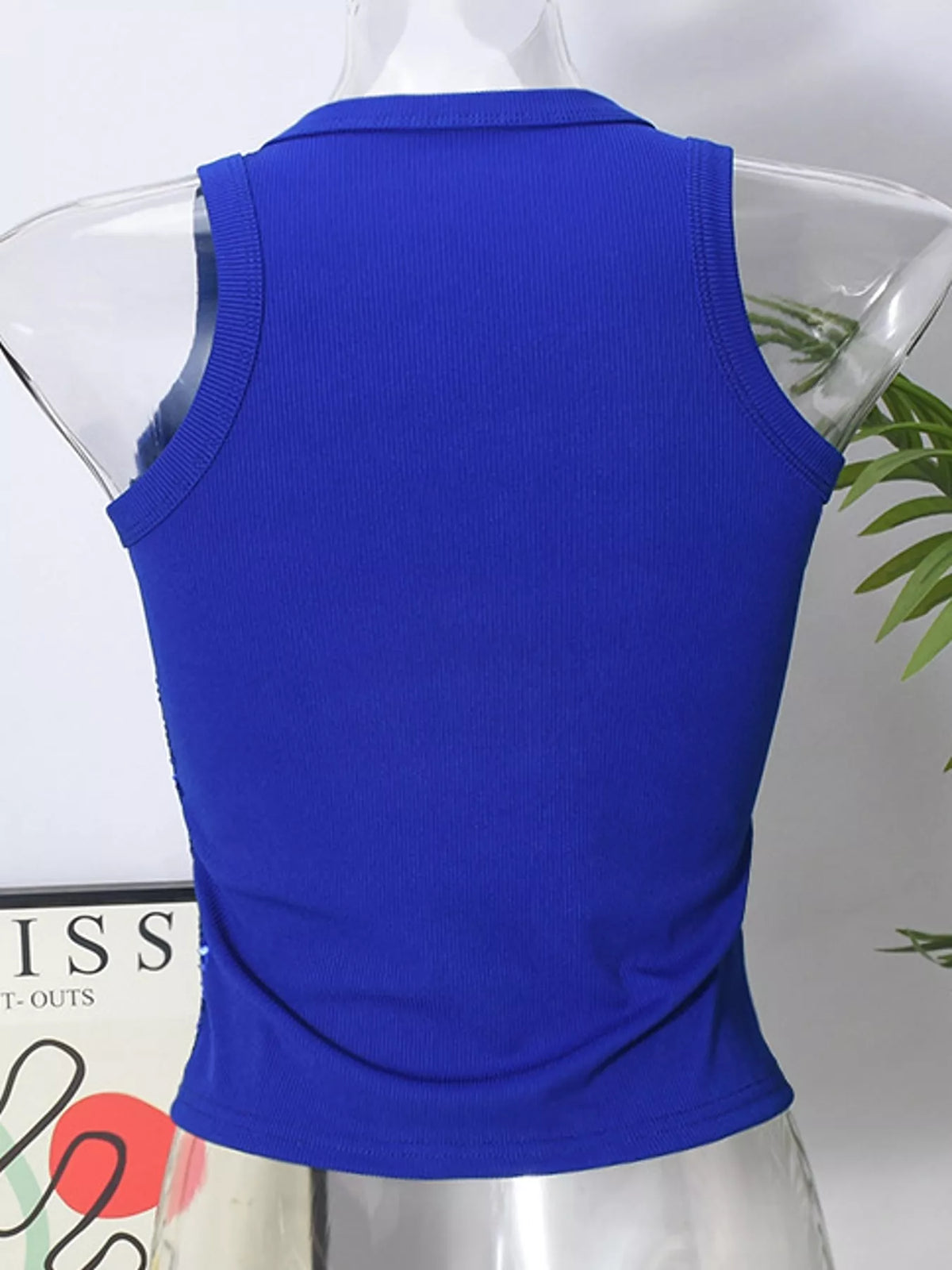 Blue sequin round neck tank