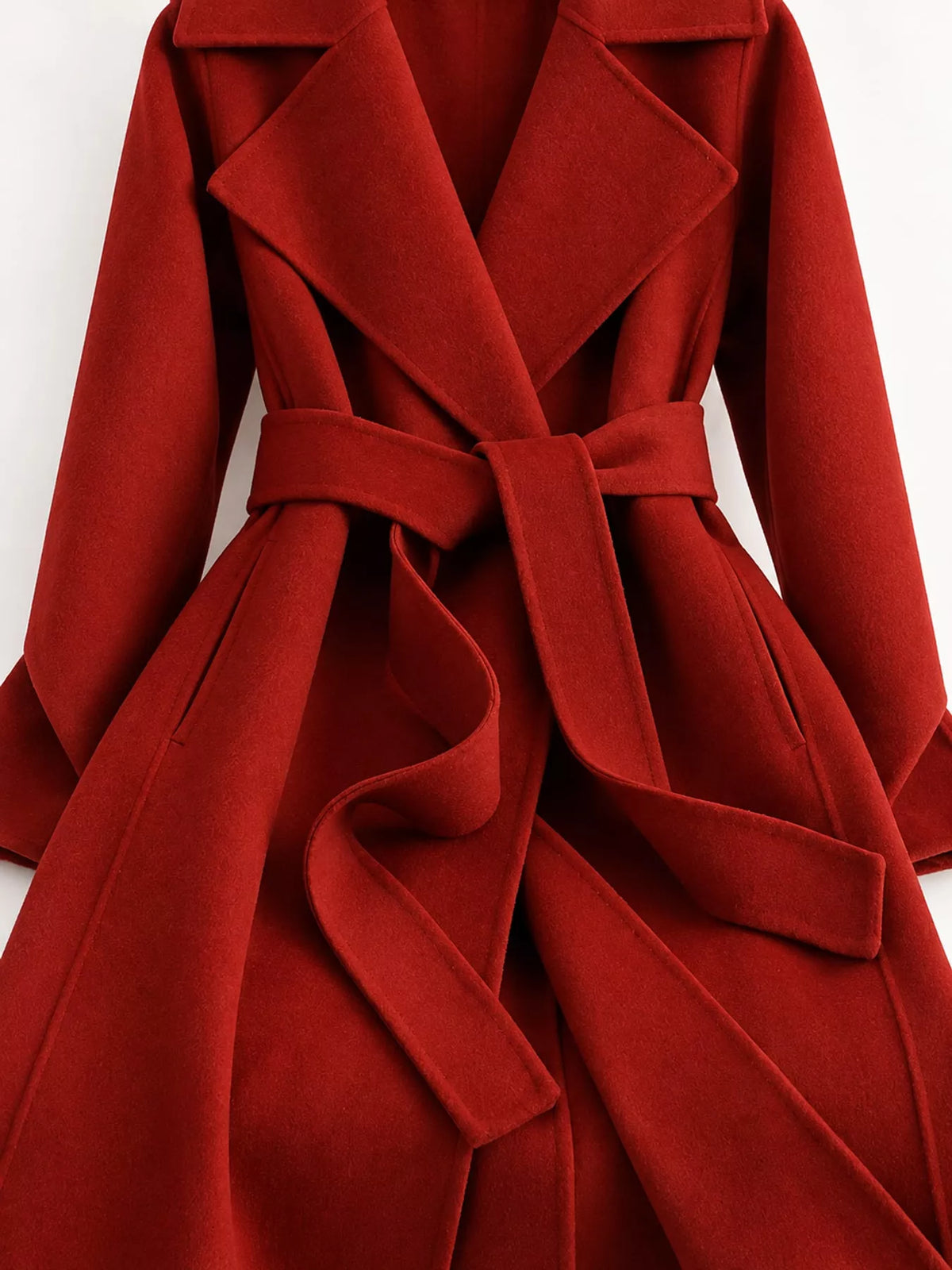 Red belted longline wool coat, notch lapels and tie belt