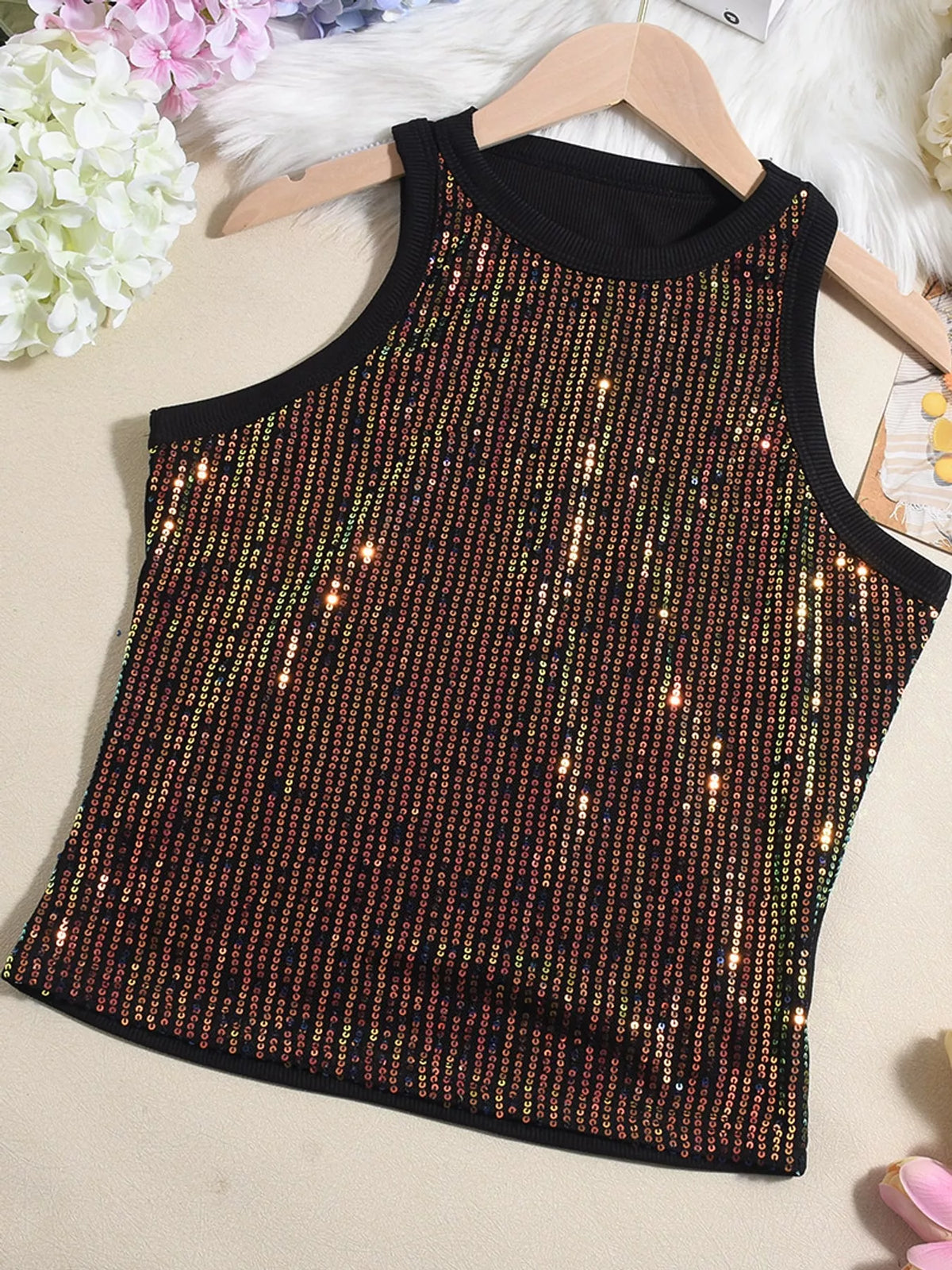 Multicolor sequin round neck tank