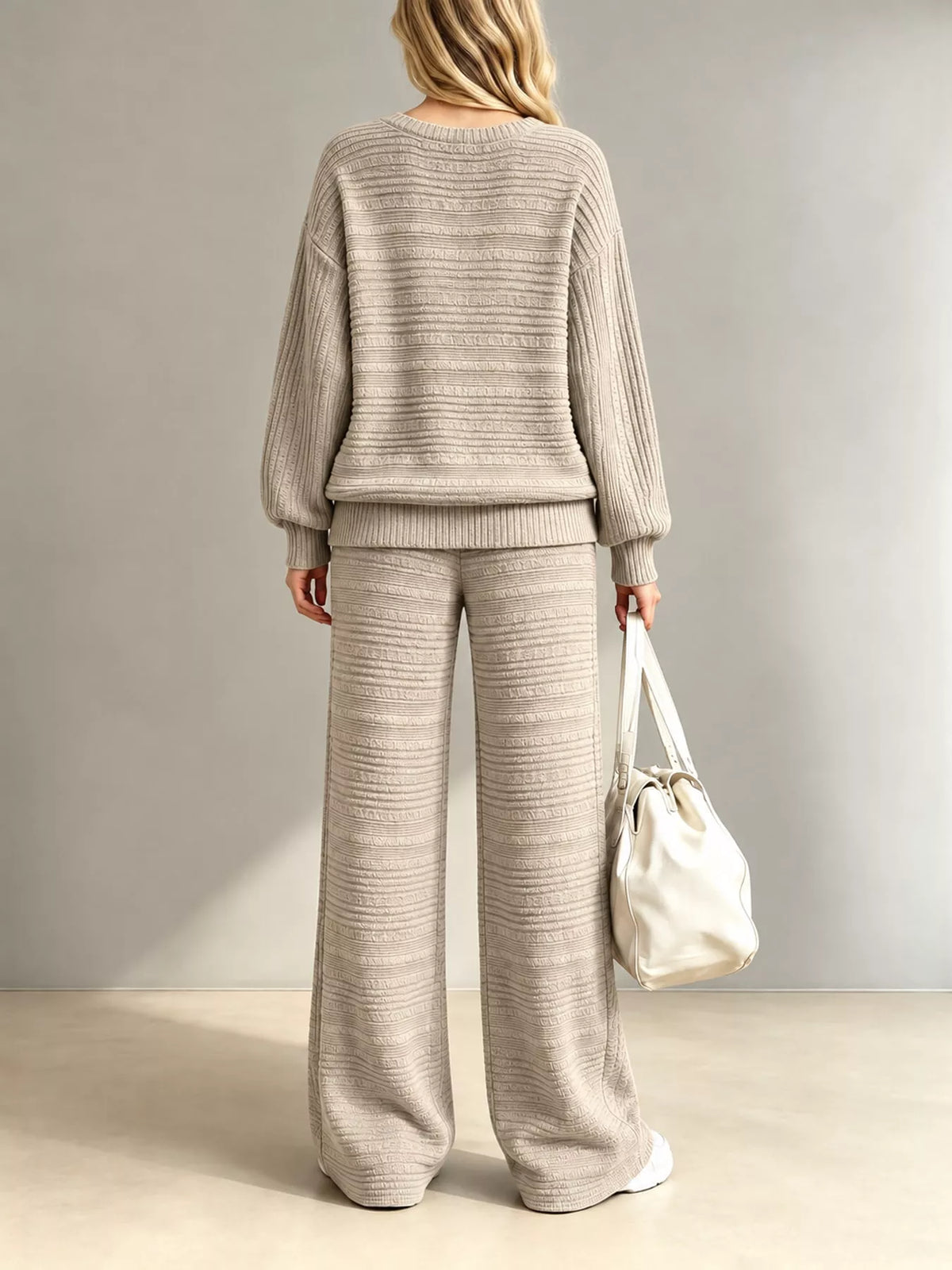 Ribbed Knit Top and Wide-Leg Pants Set — back view