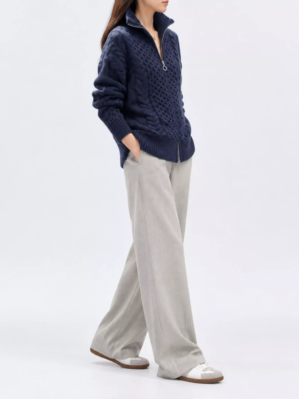 Cable-knit cardigan, navy full side