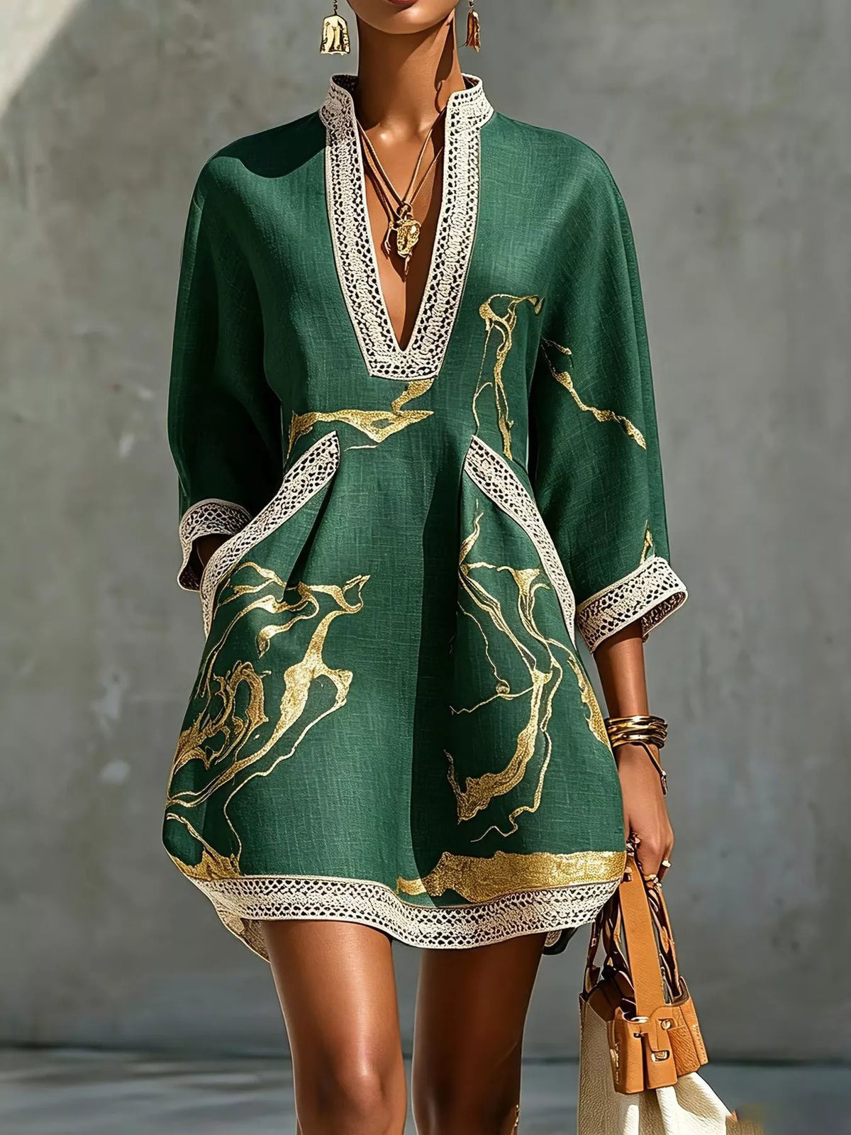 Green notched 3/4 sleeve mini dress