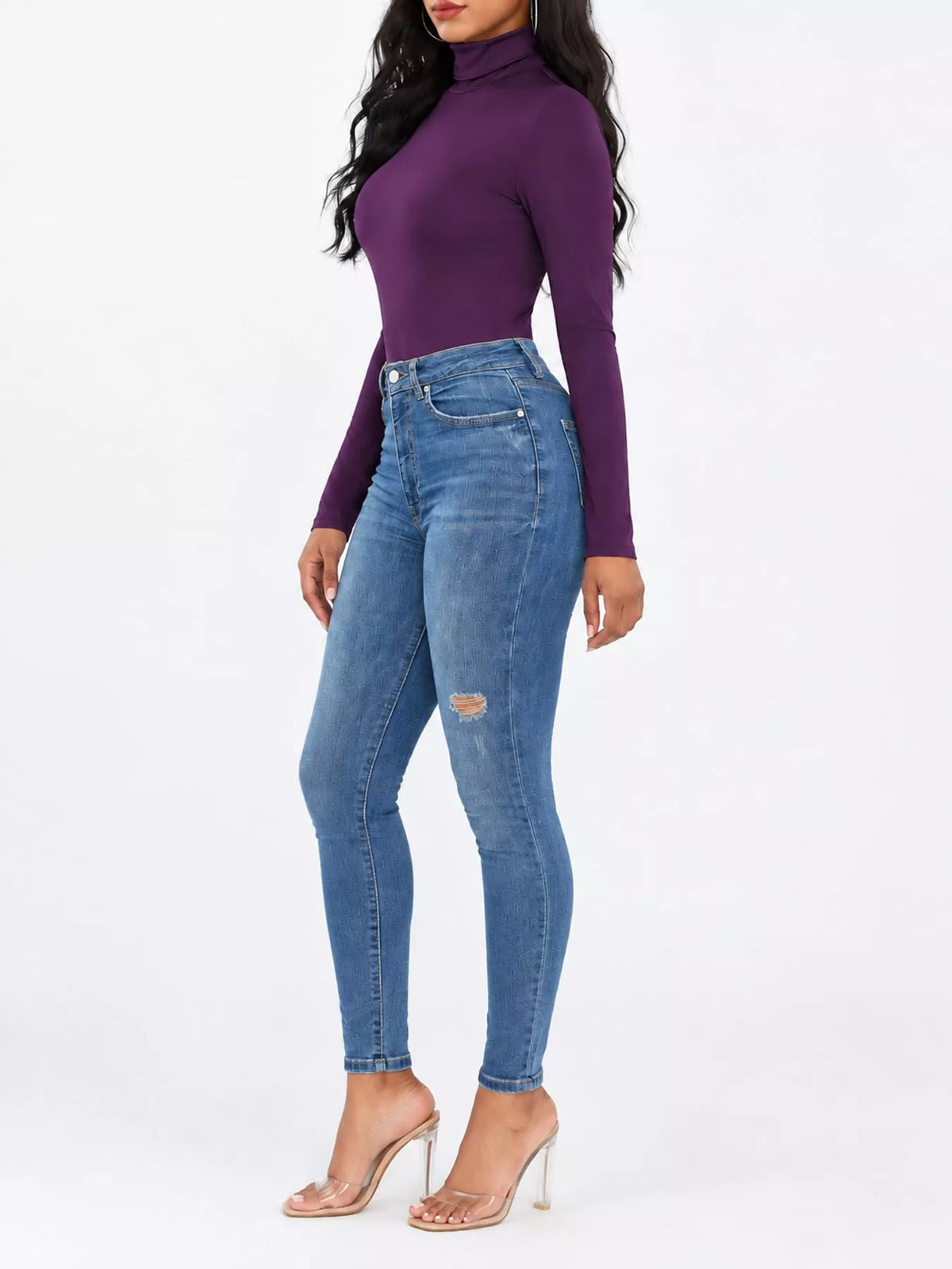 Long Sleeve Turtleneck Slim-Fit Bodysuit in purple