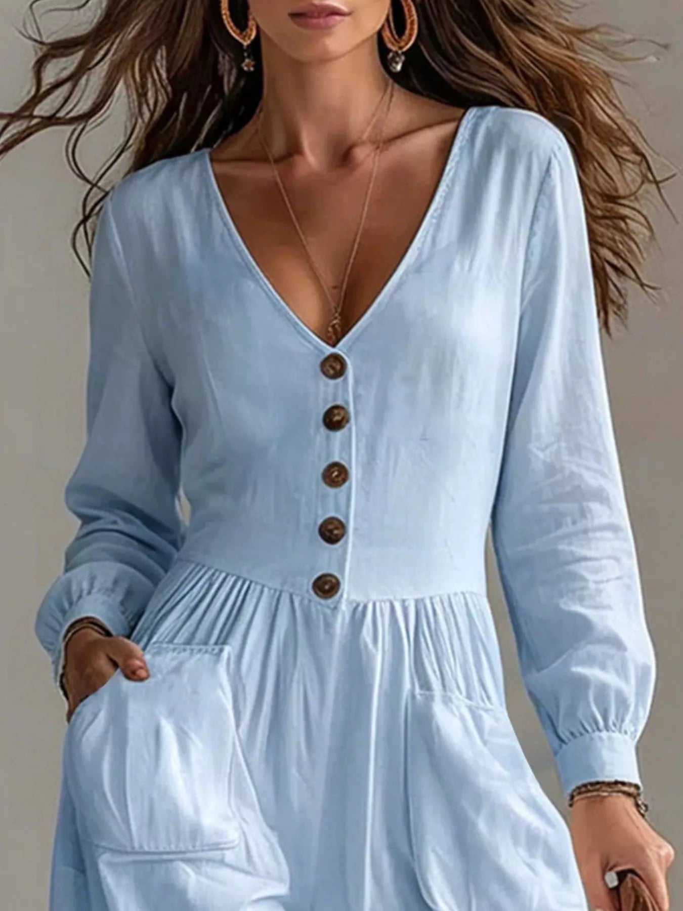 Trendsi V-Neck Long Sleeve Button Front Wide-Leg Jumpsuit -