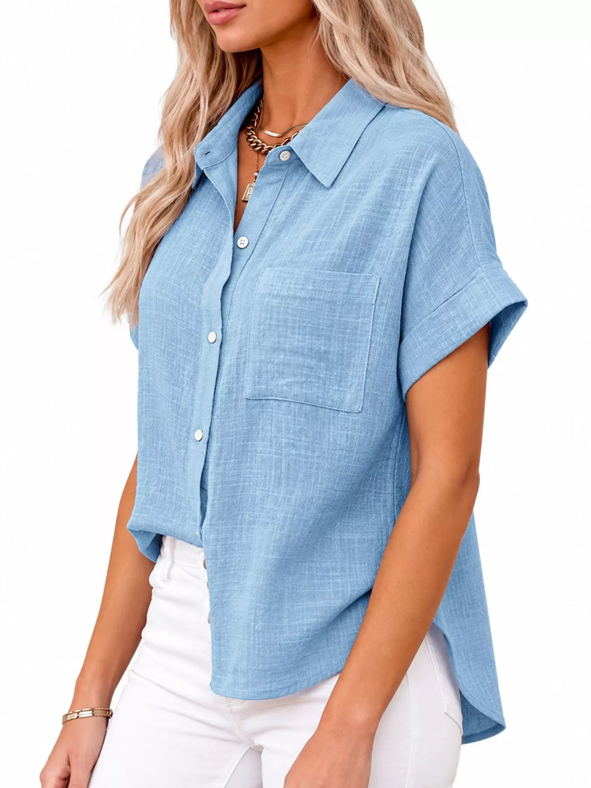 Women's Button Up Short Sleeve Shirt in light blue — side view
