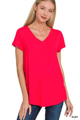Trendsi Zenana Rayon Short Sleeve V-neck Round Hem Top -