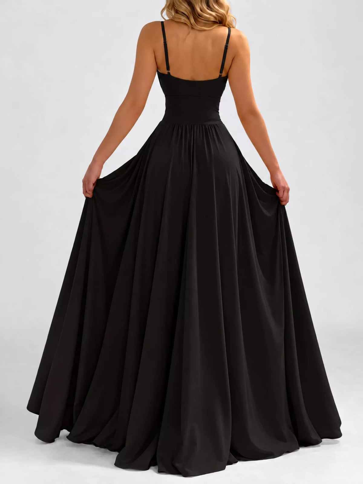 Black sleeveless high slit maxi dress, back view